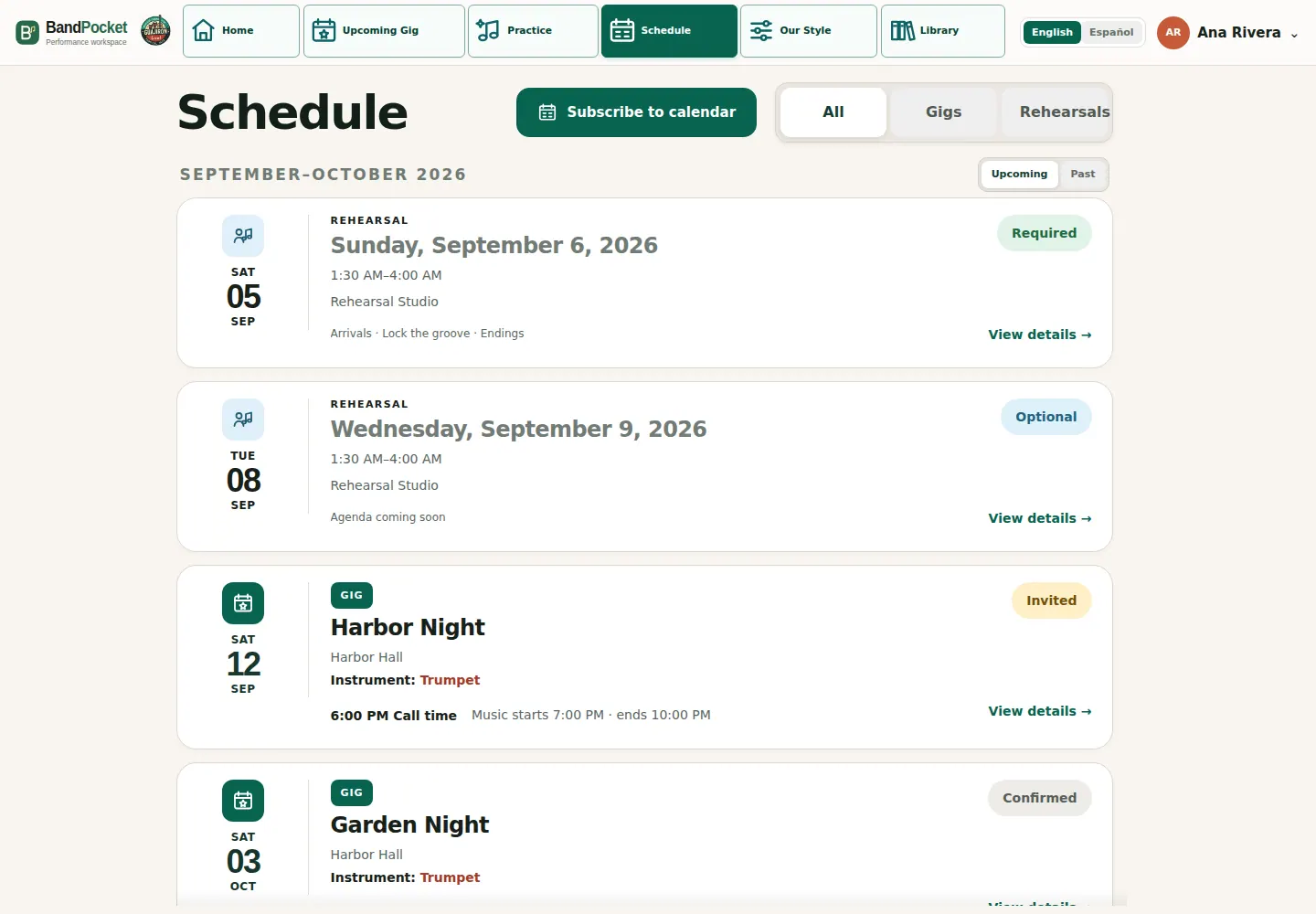 BandPocket schedule showing required and optional rehearsals alongside an invited gig