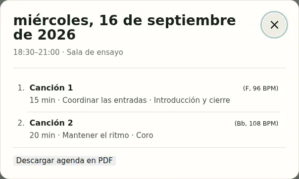 Agenda de ensayo de BandPocket con dos canciones, tonalidades, tempos y objetivos