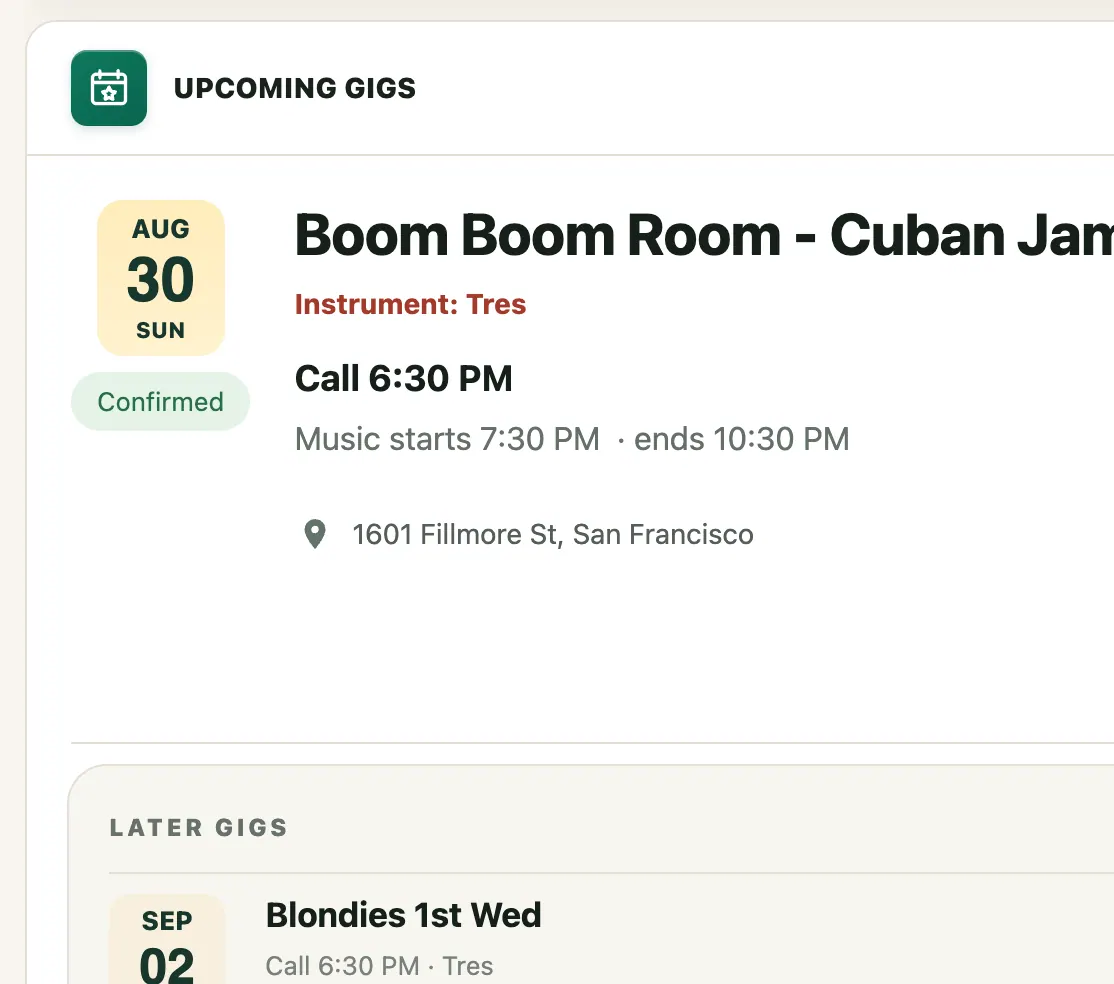 BandPocket Upcoming Gigs showing a confirmed Tres assignment, call time, show time, and venue for the Boom Boom Room Cuban Jam