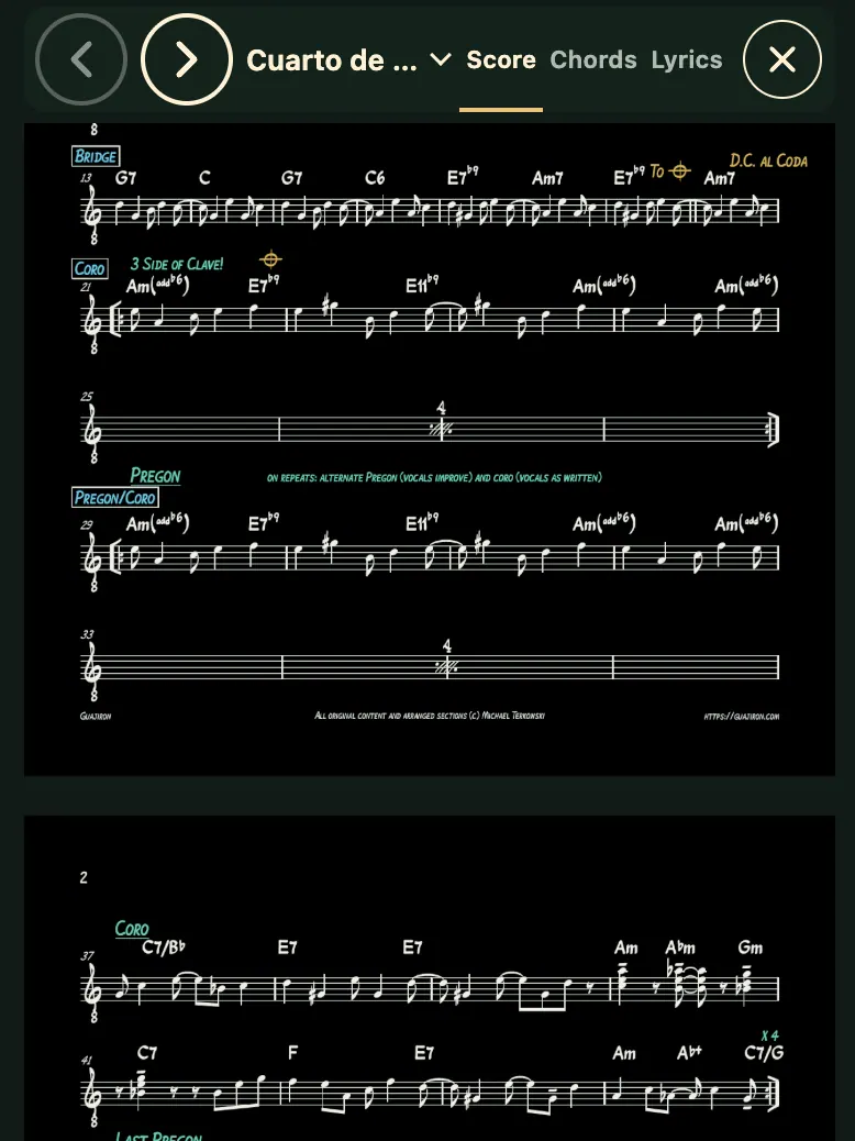 BandPocket Stage Mode showing a score with song navigation and Score, Chords, and Lyrics options