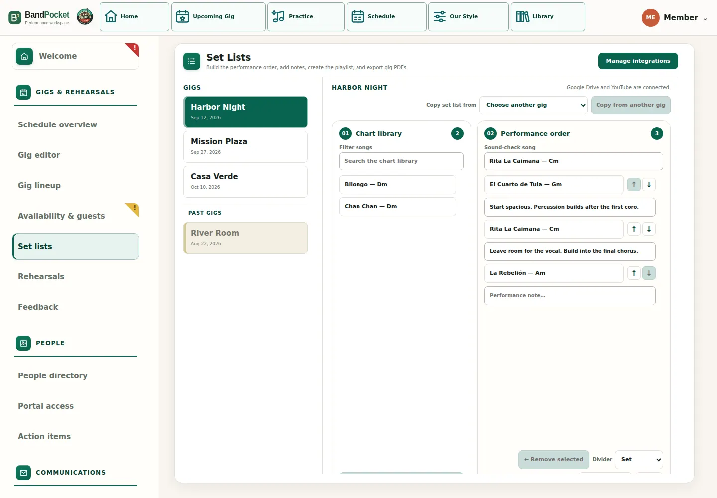 Actual BandPocket Manager Set Lists screen showing the chart library, performance order, sound-check song, and song-specific notes