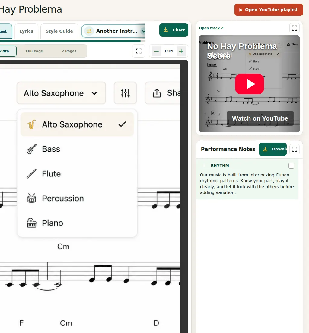 BandPocket Practice interface in English showing the No Hay Problema chart, practice video, and Rhythm performance note