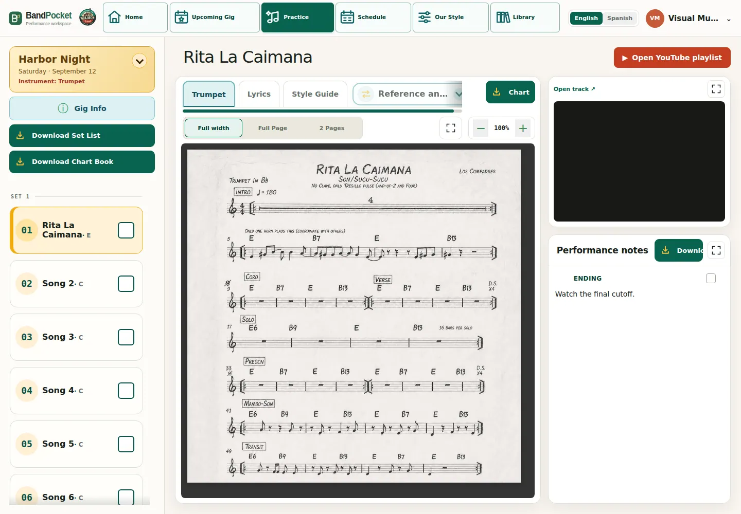 BandPocket Practice with a set list, actual Rita La Caimana trumpet chart, practice video, and performance notes