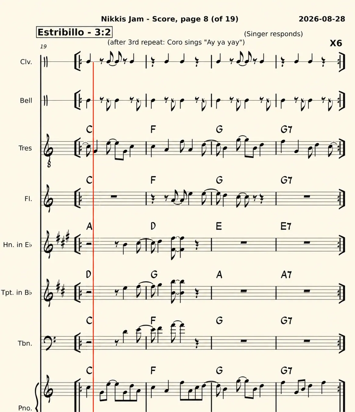 Nikkis Jam full score showing the interlocking clave, bell, tres, flute, horn, trumpet, trombone, and piano parts