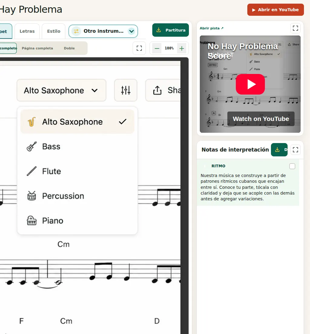 Interfaz de Práctica de BandPocket en español con la partitura de No Hay Problema, el video de práctica y la nota de interpretación Ritmo