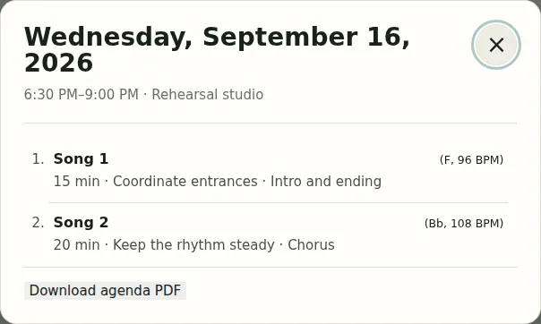 BandPocket rehearsal agenda showing two songs with keys, tempos, and rehearsal goals