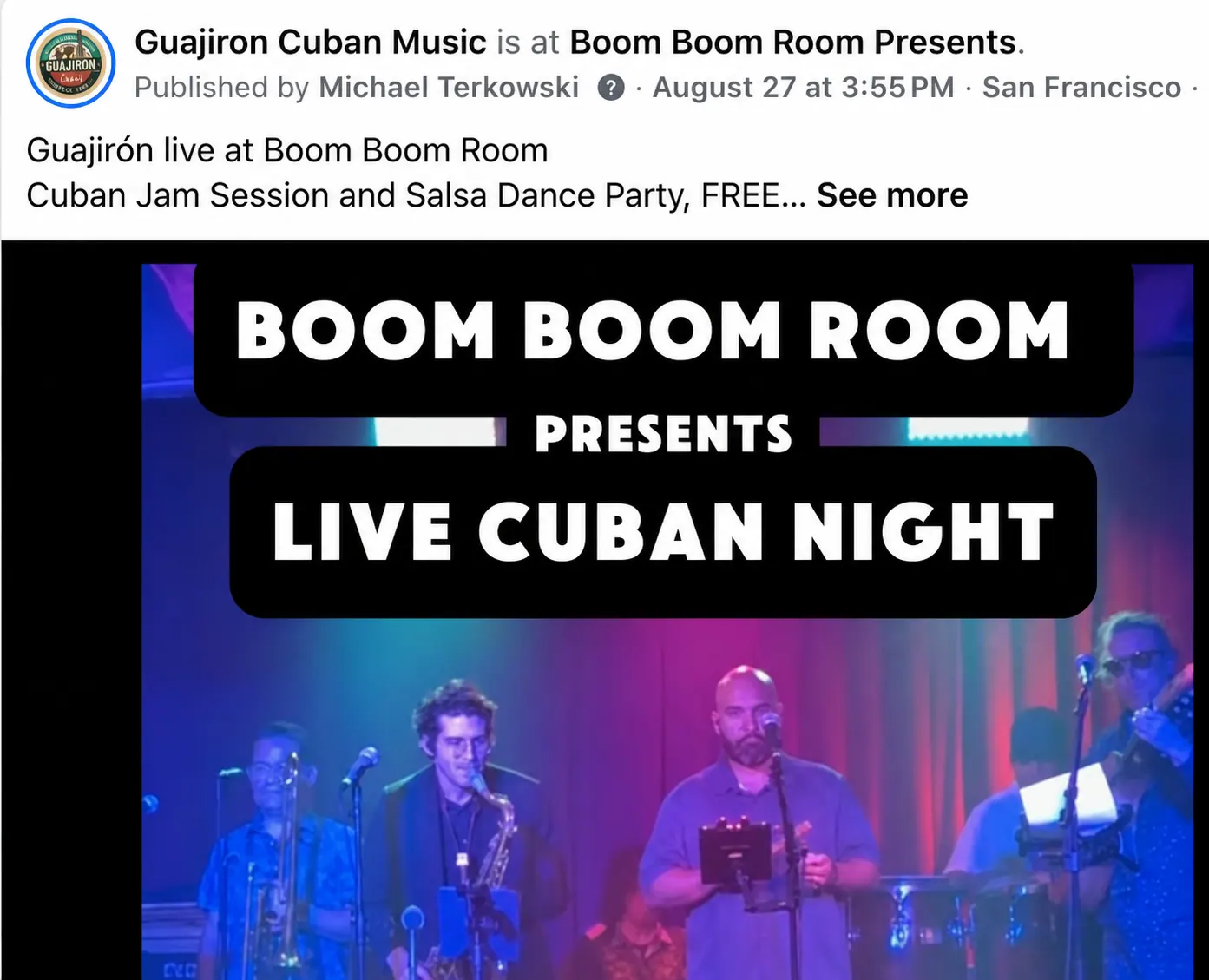 Facebook post for Guajirón live at Boom Boom Room with its Live Cuban Night flyer