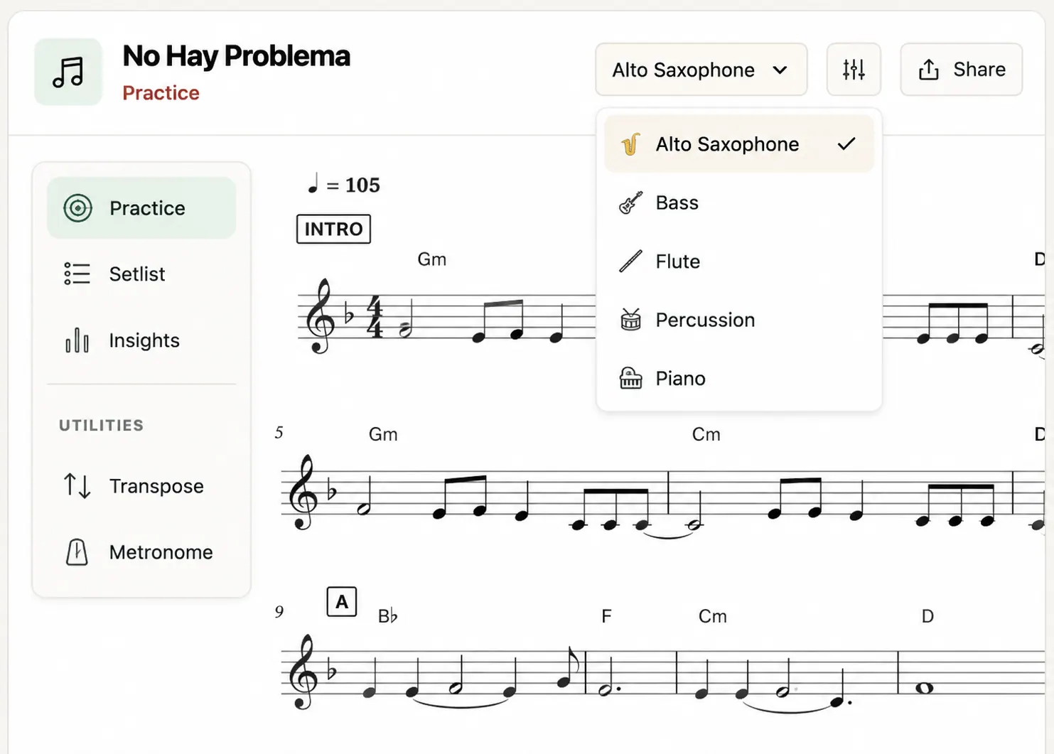 BandPocket Practice showing the No Hay Problema score with the instrument selector open