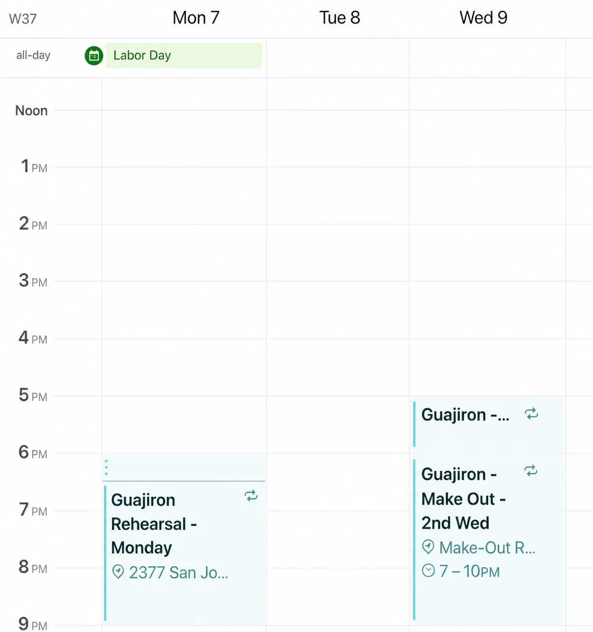 Week 37 calendar showing Labor Day and Guajirón rehearsals on Monday and Wednesday evenings