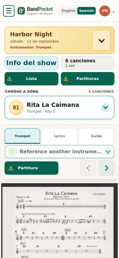 The same BandPocket Practice screen in Spanish for the same trumpet player