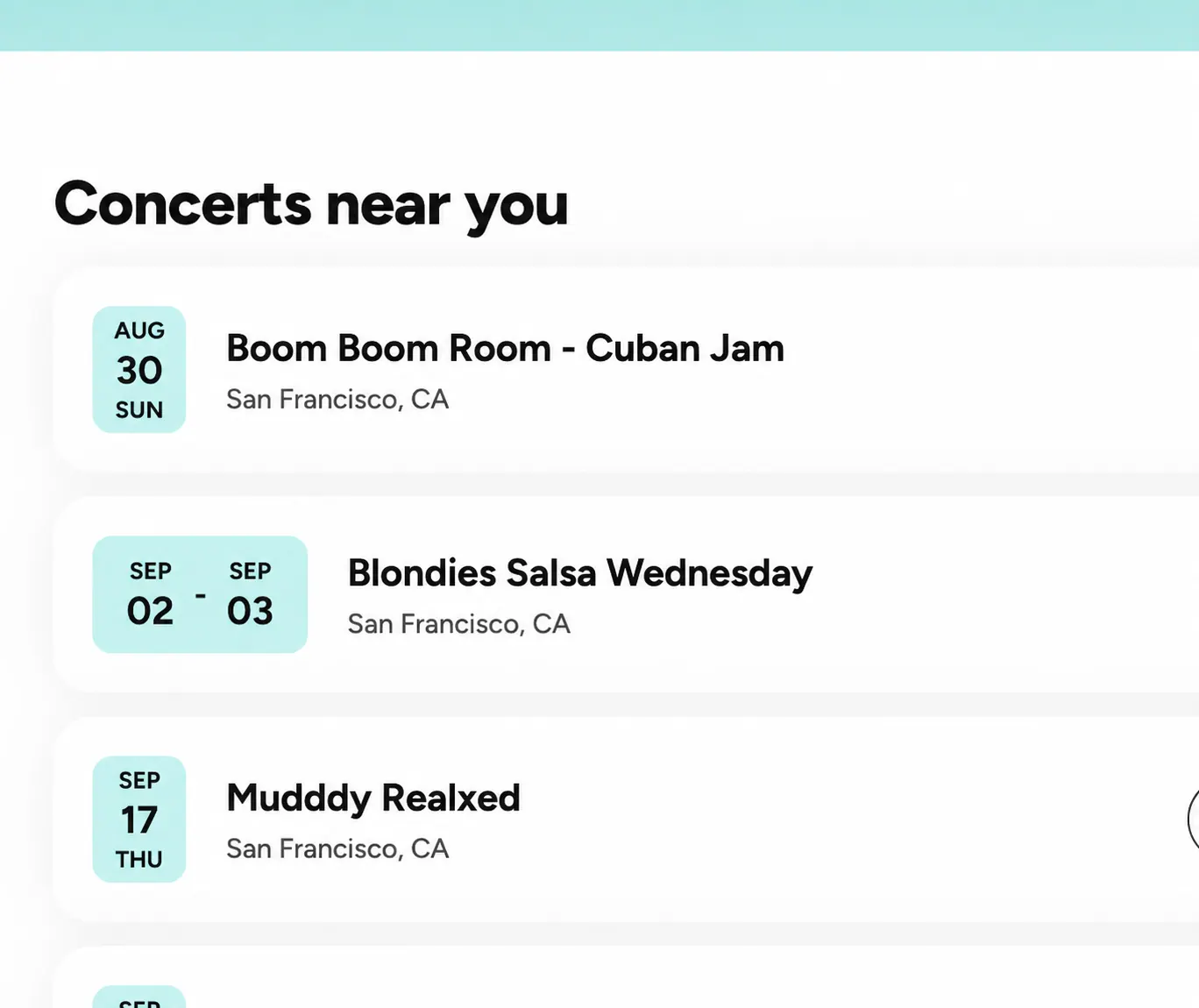 Bandsintown Concerts near you listing showing three upcoming Guajirón events in San Francisco