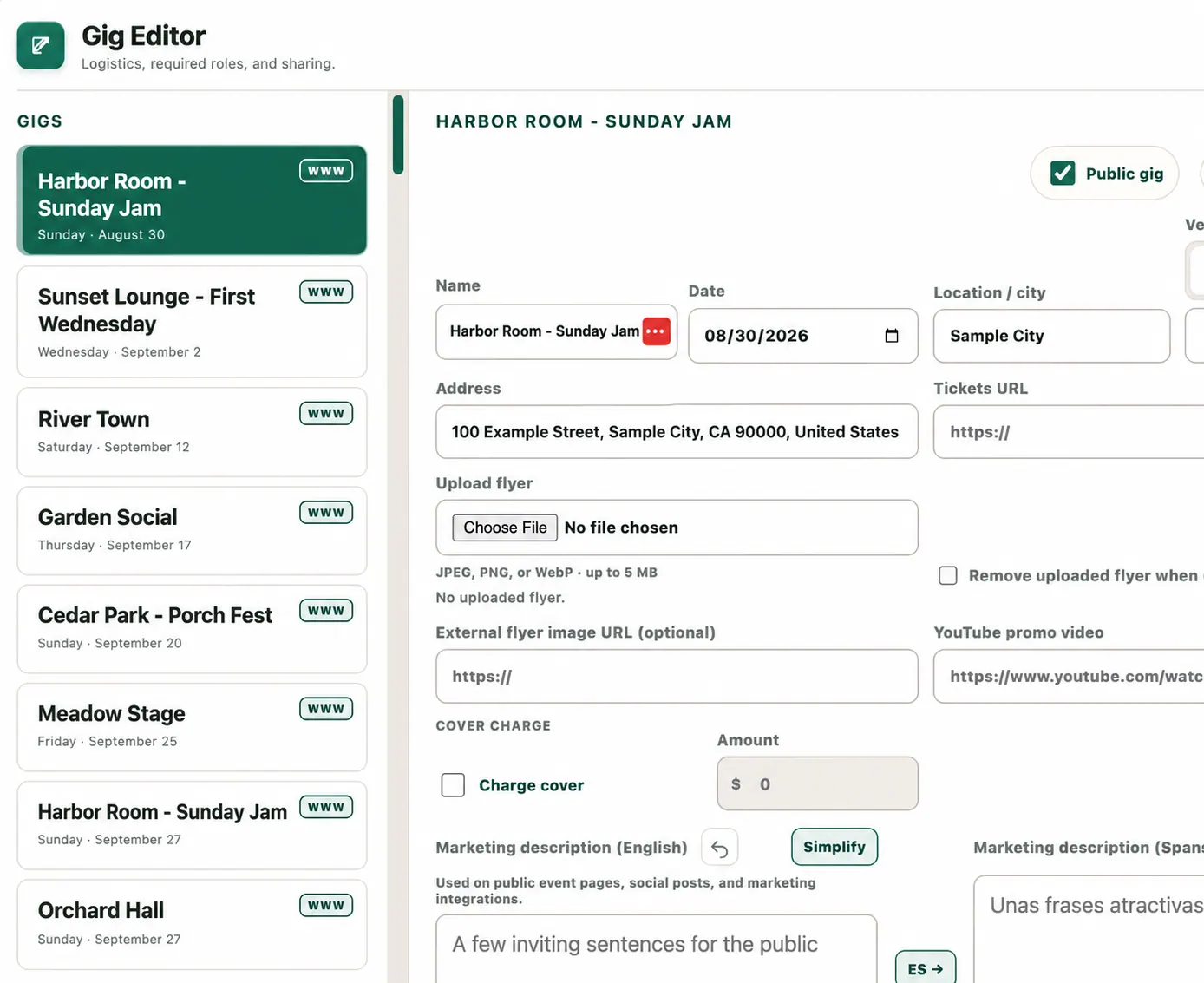 Anonymized BandPocket Manager Gig Editor showing several gigs and the selected gig’s logistics, required roles, and sharing controls