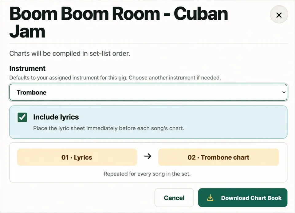BandPocket Chart Book download screen showing charts compiled in set-list order with optional lyrics