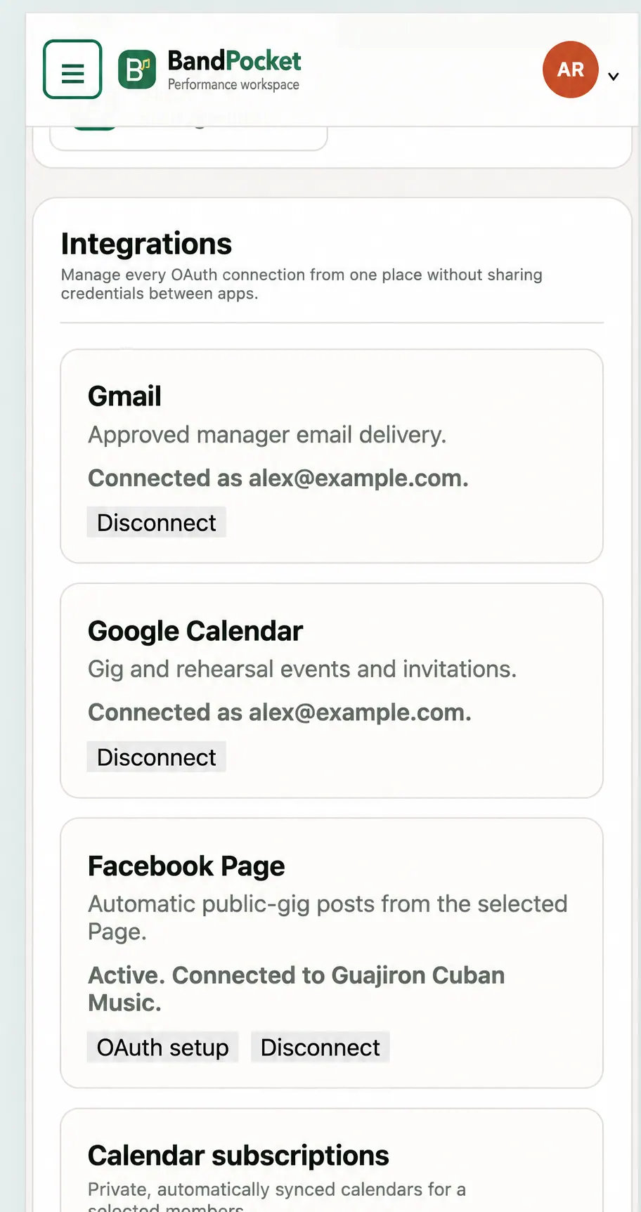 BandPocket Integrations screen showing connected Gmail, Google Calendar, and Facebook Page services