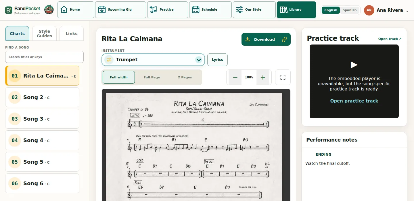 BandPocket Music Library showing the actual Rita La Caimana trumpet chart and available role-specific materials