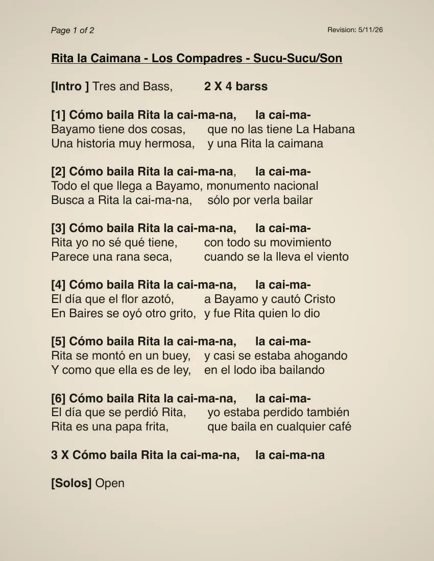Actual lyrics sheet for Rita La Caimana